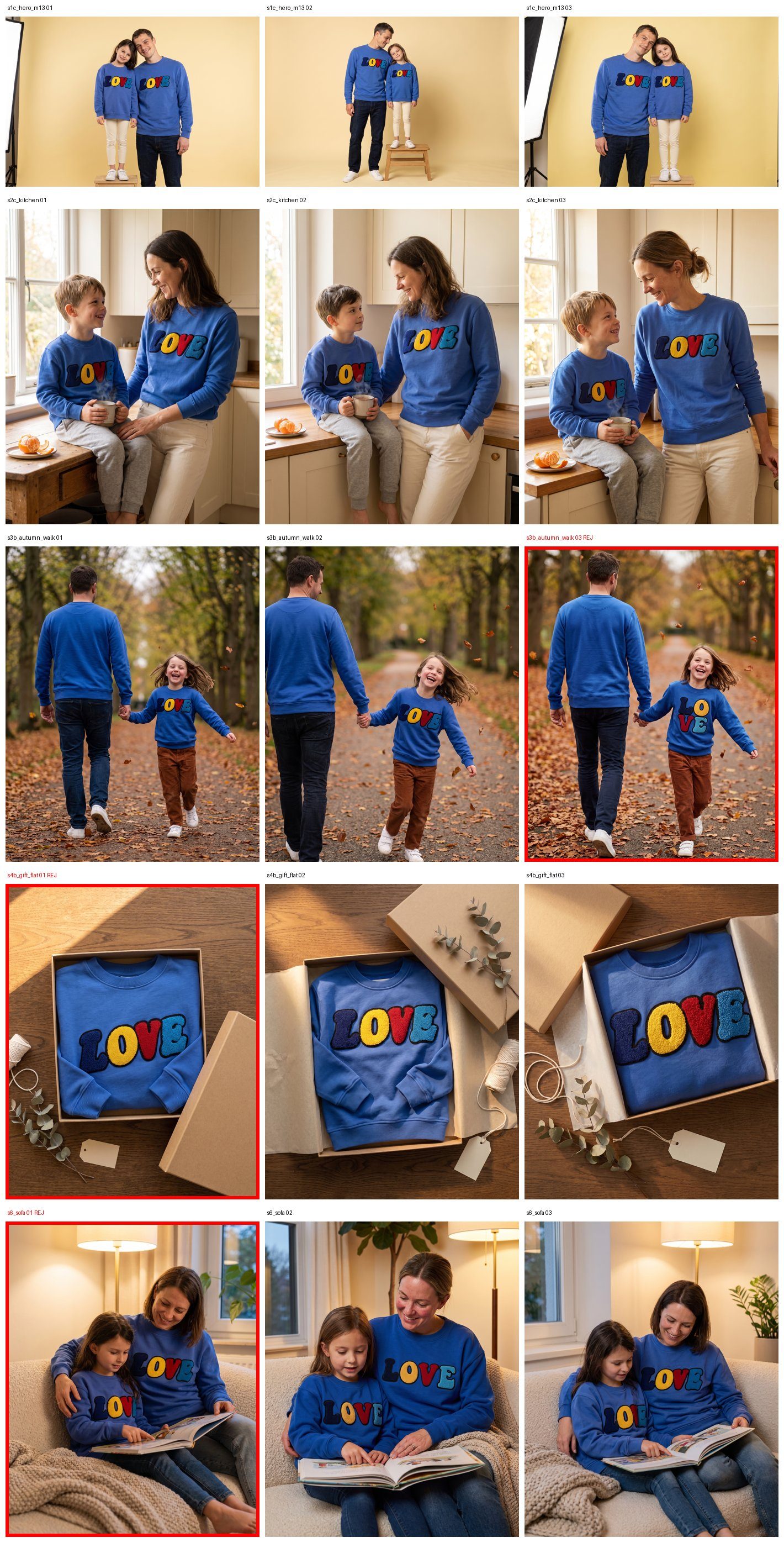 Contact Sheet — alle Varianten der Kampagne, Rejects rot markiert